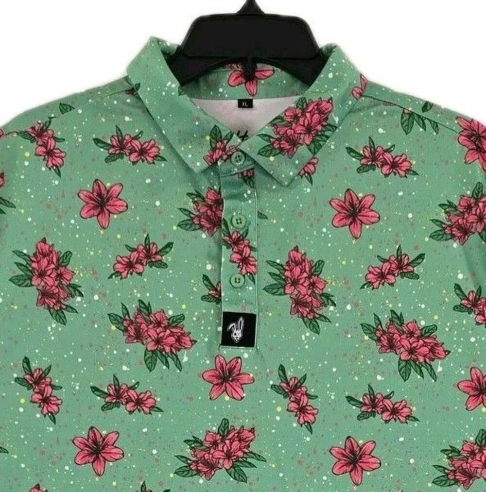 Par Hopper Polo Shirt Mens XL Green Floral All Over Print Golf Short Sleeve